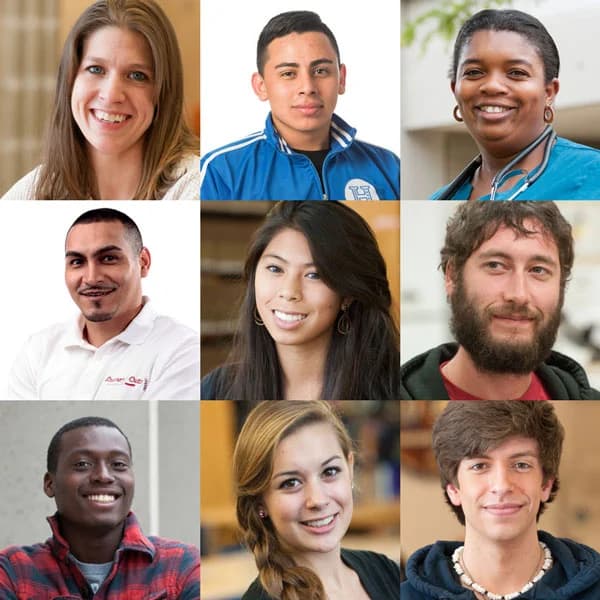 A collage of 9 photos of various people from different backgrounds smiling